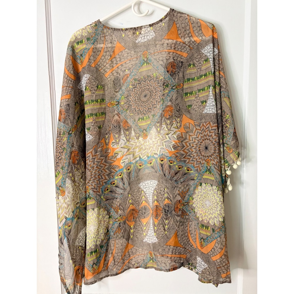 Umgee USA Boho Peacock Print Pom Pom Trim Kimono Cardigan Orange Tan M/L A9147 - Picture 5 of 5